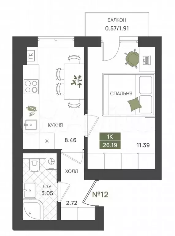 1-к. квартира, 26 м, 2/5 эт. - Фото 1