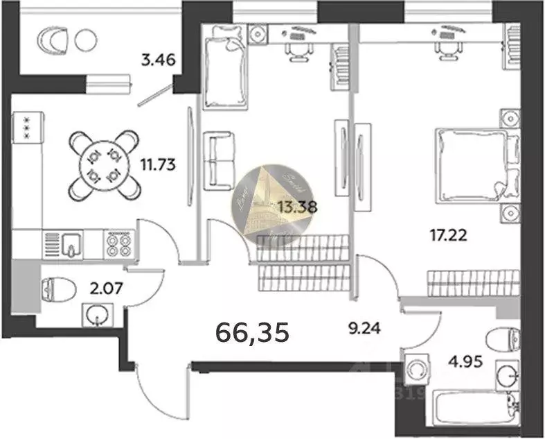 Квартира, 2 комнаты, 66.34 м - Фото 0