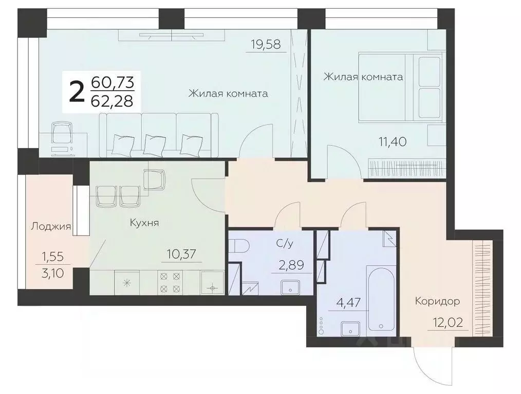 2-к кв. Воронежская область, Воронеж Ленинградская ул., 29Б (62.28 м) - Фото 0