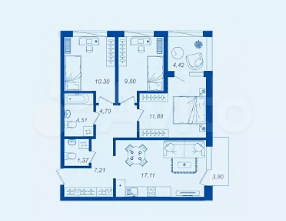 3-к. квартира, 68,5 м, 7/17 эт. - Фото 1