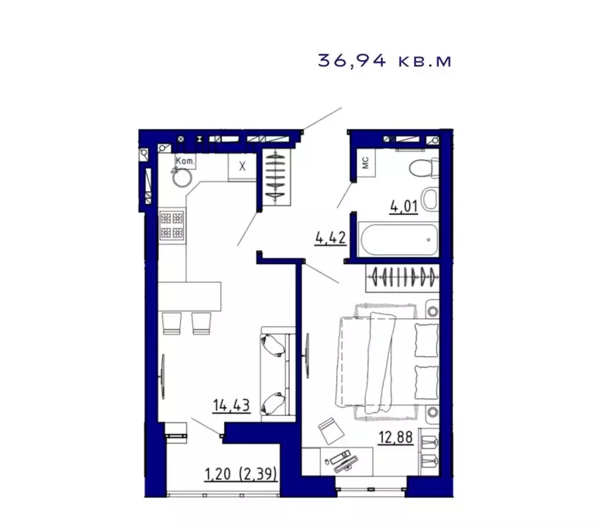 1-комнатная квартира: Аксай, ЖК Авиатор (36.94 м) - Фото 0