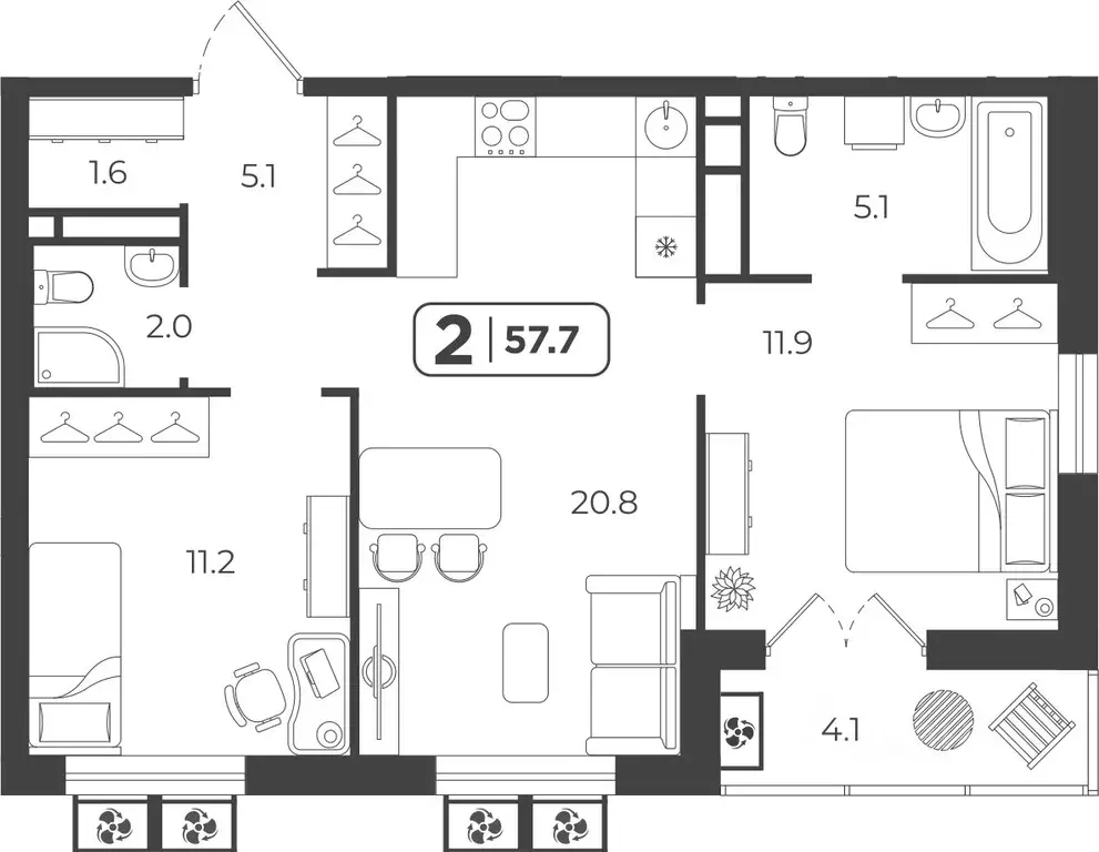 2-к кв. Тюменская область, Тюмень  (57.76 м) - Фото 1