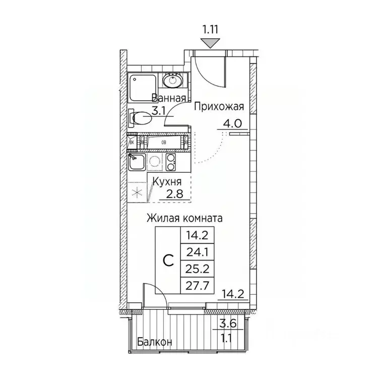 1-к кв. Приморский край, Владивосток ул. Расула Гамзатова, 7к3 (27.7 ... - Фото 1