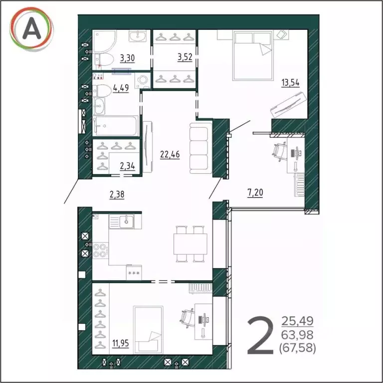 2-к кв. Брянская область, Брянск ул. Ульянова, 24 (67.58 м) - Фото 1