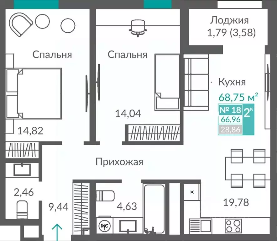 2-к кв. Севастополь ш. Балаклавское (66.96 м) - Фото 1