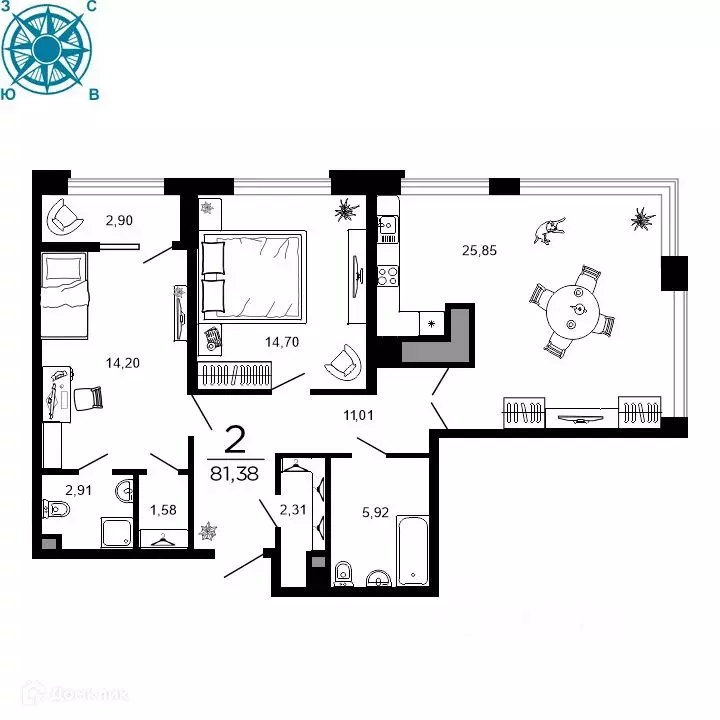 2-к кв. Рязанская область, Рязань ул. 1-я Железнодорожная (81.38 м) - Фото 1