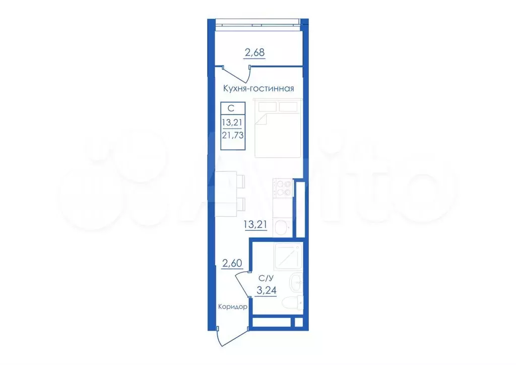 Квартира-студия, 21,7 м, 10/25 эт. - Фото 1