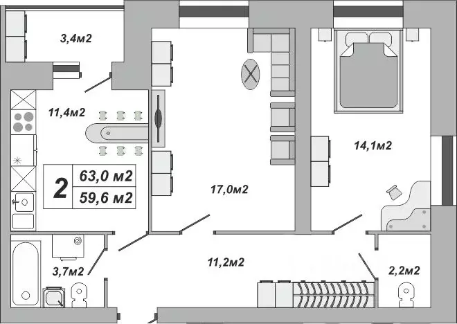 2-к кв. Тамбовская область, Тамбов ул. Чичерина, 7/3 (63.0 м) - Фото 0