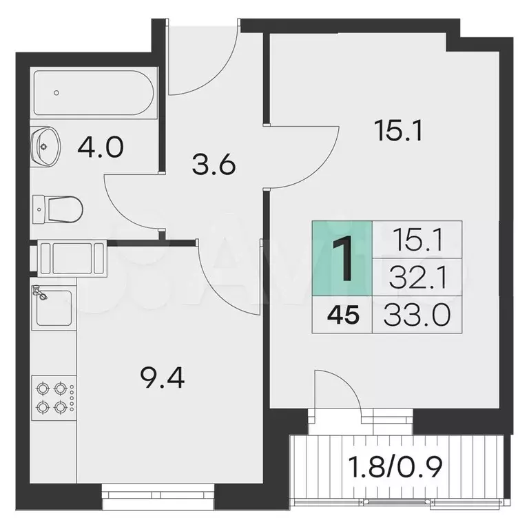 1-к. квартира, 33 м, 8/9 эт. - Фото 0