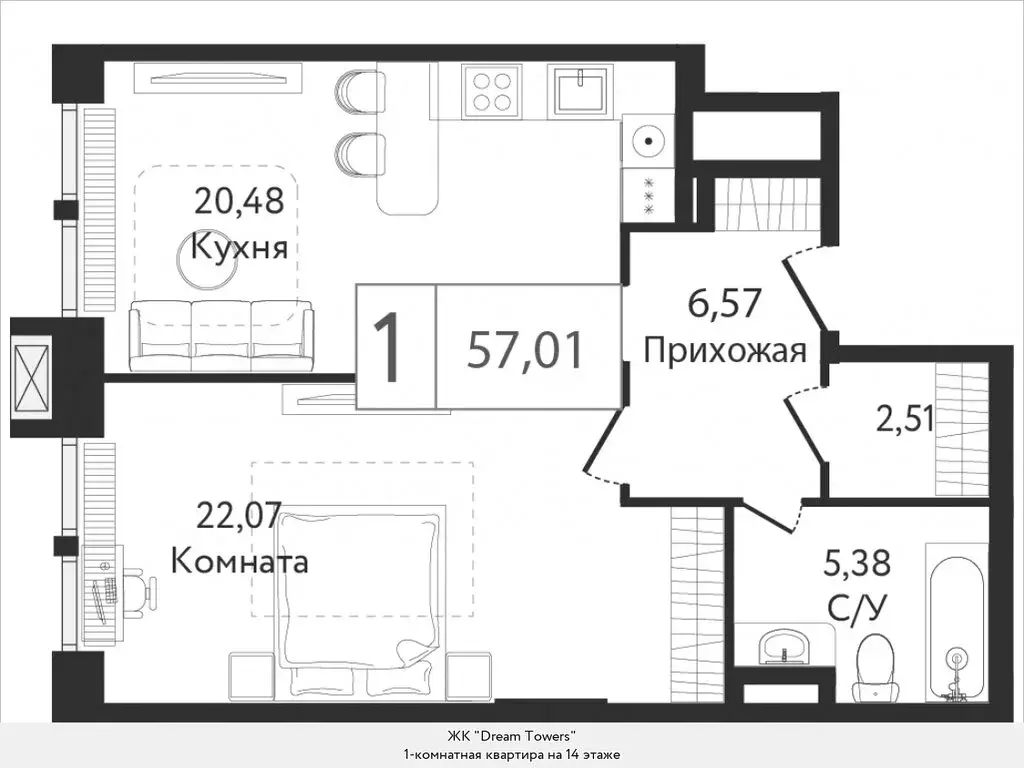 1-комнатная квартира: Москва, жилой комплекс Дрим Тауэрс (57.01 м) - Фото 0
