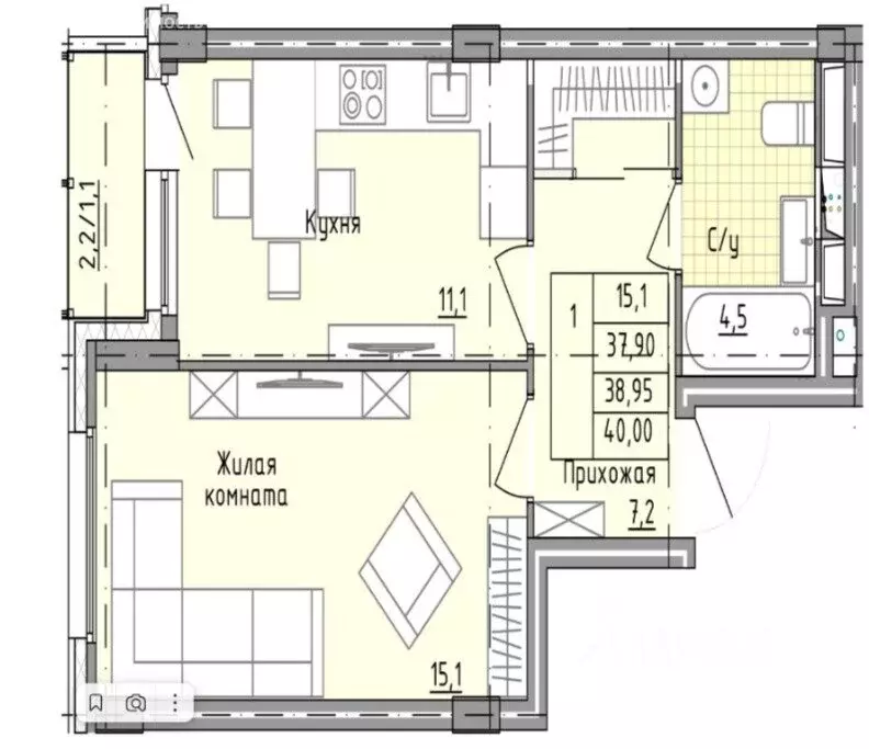 1-комнатная квартира: посёлок городского типа Голубое, Парковый ... - Фото 1