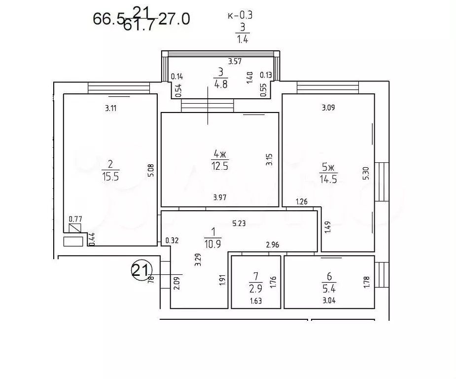 2-к. квартира, 66,5 м, 5/5 эт. - Фото 0