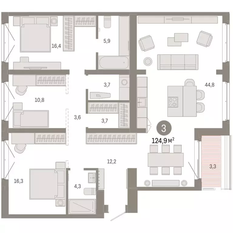 3-комнатная квартира: Тюмень, жилой комплекс На Минской (124.86 м) - Фото 2