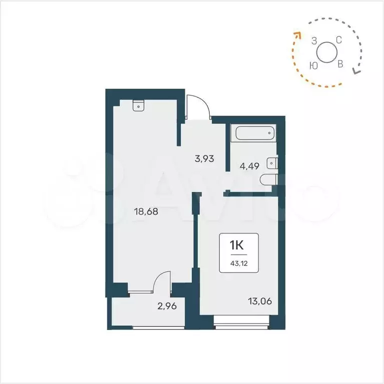 1-к. квартира, 43,1 м, 8/9 эт. - Фото 0
