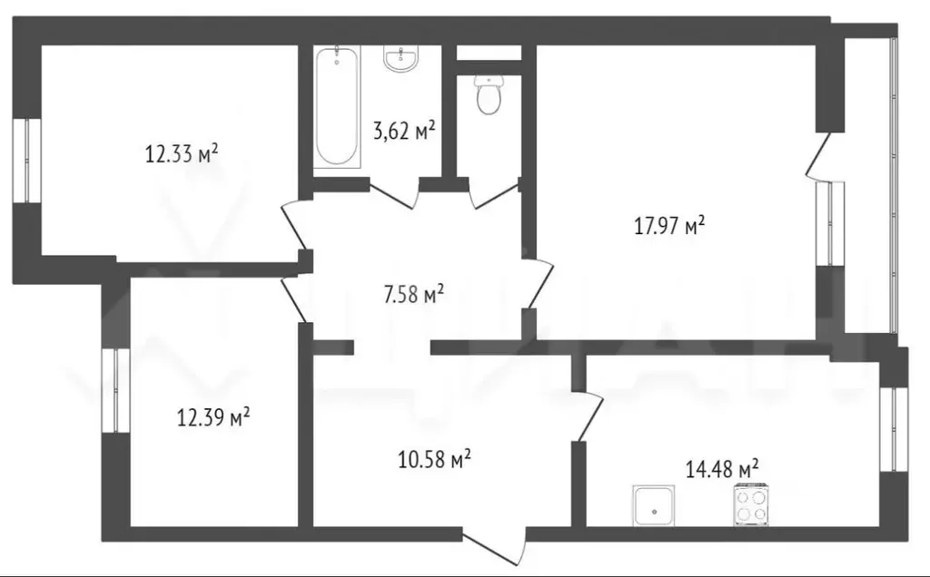 3-к кв. Татарстан, Казань ул. Гагарина, 77 (80.2 м) - Фото 1