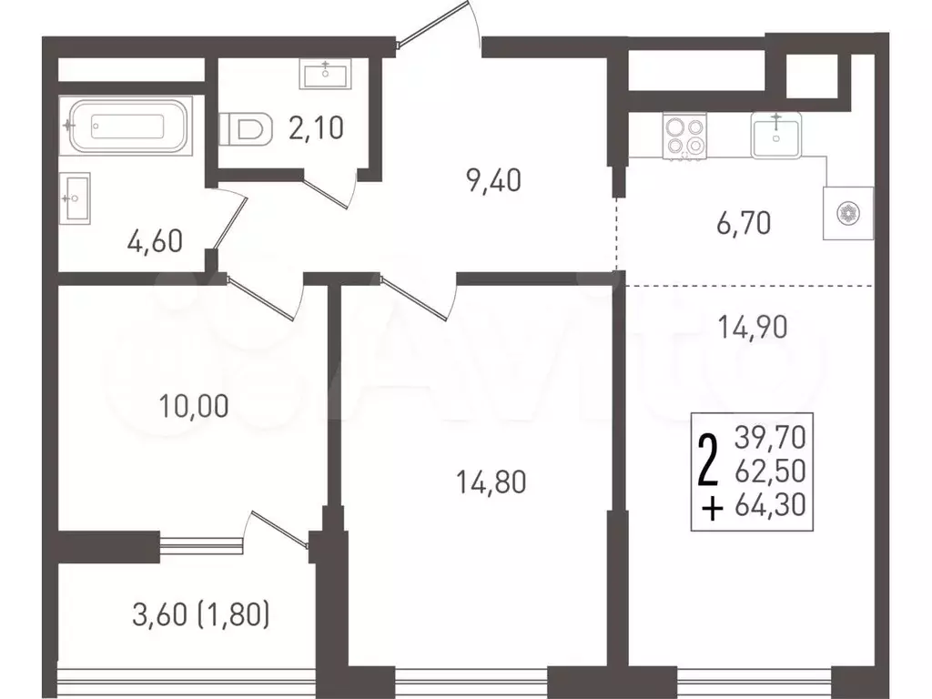 2-к. квартира, 64,3 м, 7/8 эт. - Фото 0