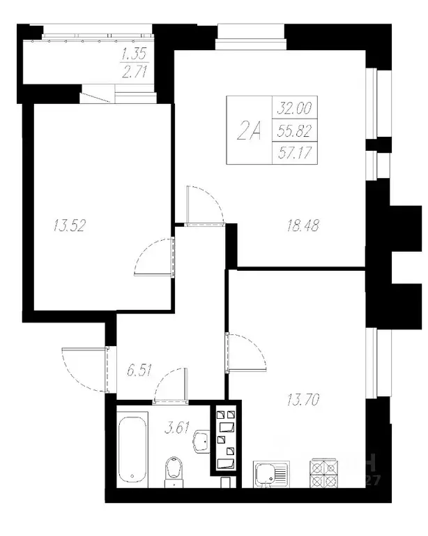 2-к кв. Татарстан, Казань Статный жилой комплекс, 2 (57.17 м) - Фото 1