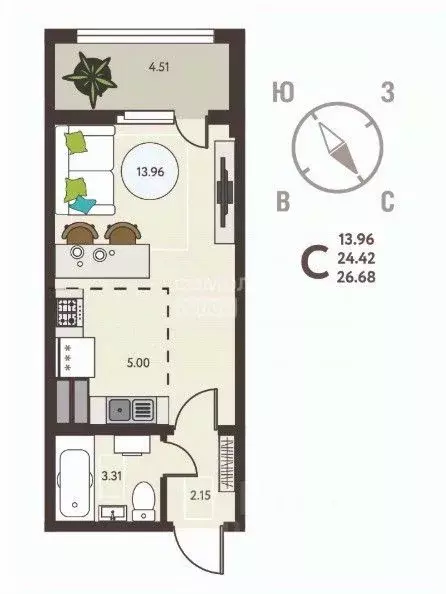 Студия Липецкая область, Липецк ул. Механизаторов, 15 (26.68 м) - Фото 0