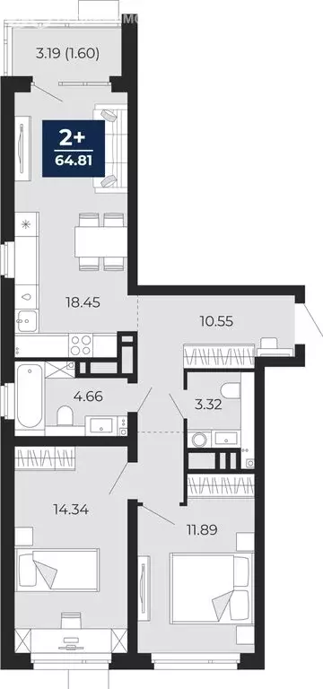 2-комнатная квартира: Тюмень, Арктическая улица, 16 (64.81 м) - Фото 0