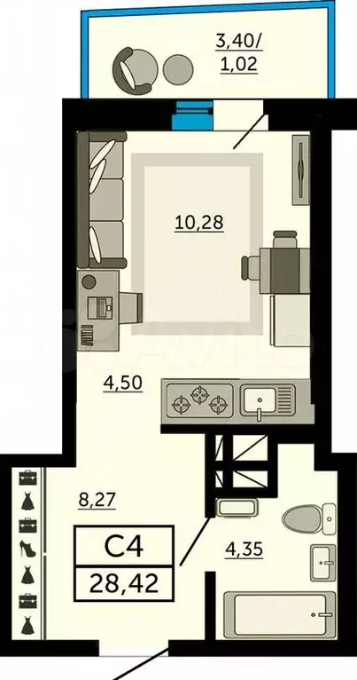 Квартира-студия, 28,4м, 30/33эт. - Фото 0