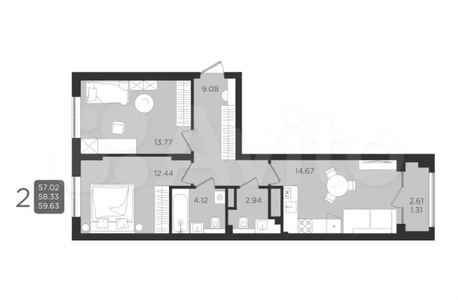 2-к. квартира, 58,6 м, 2/9 эт. - Фото 1