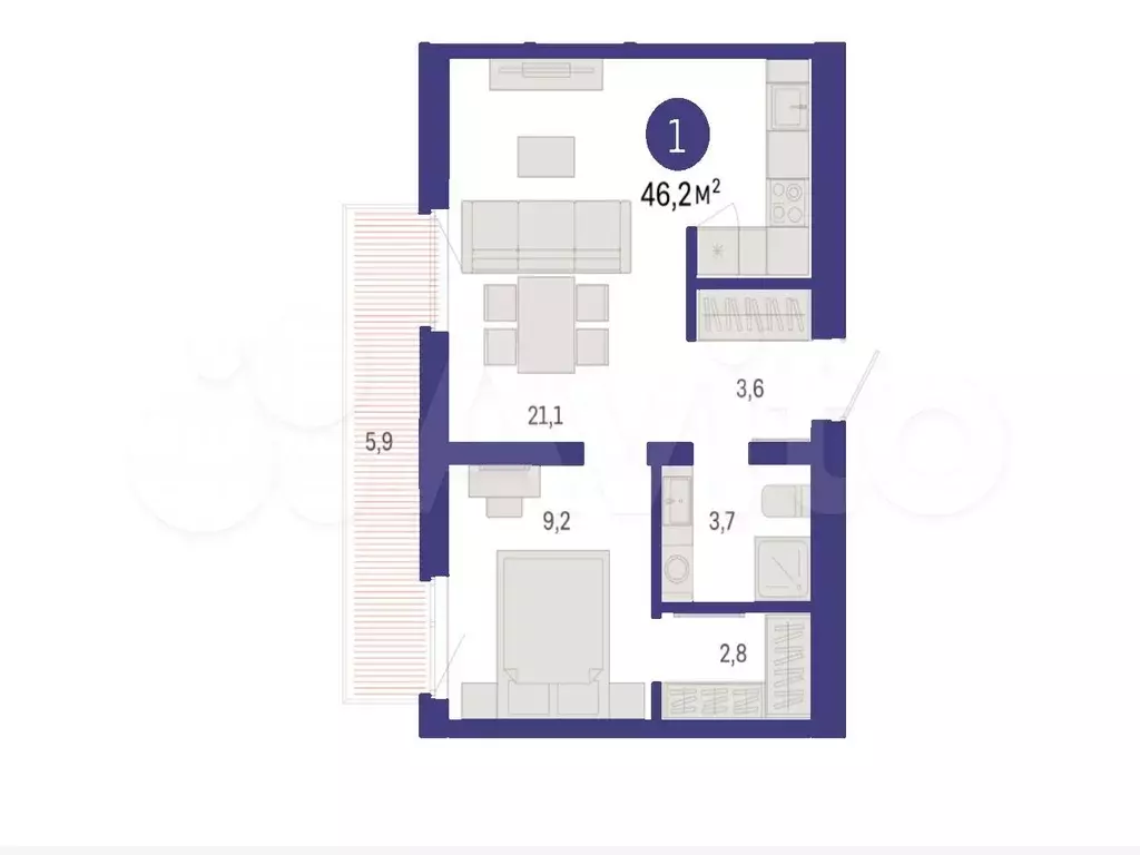 1-к. квартира, 46,2 м, 8/9 эт. - Фото 1