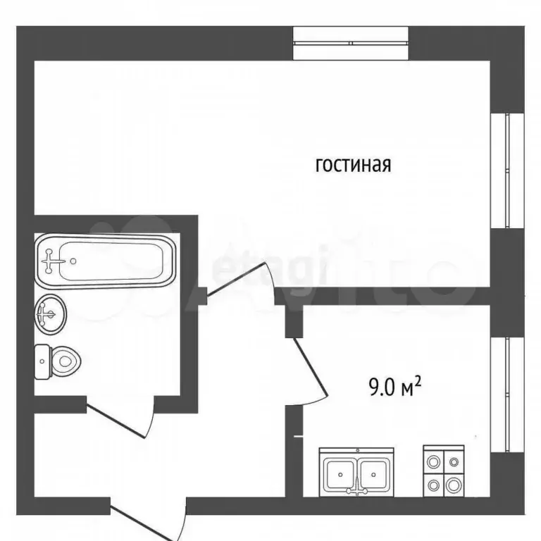 1-к. квартира, 34,4 м, 3/3 эт. - Фото 0