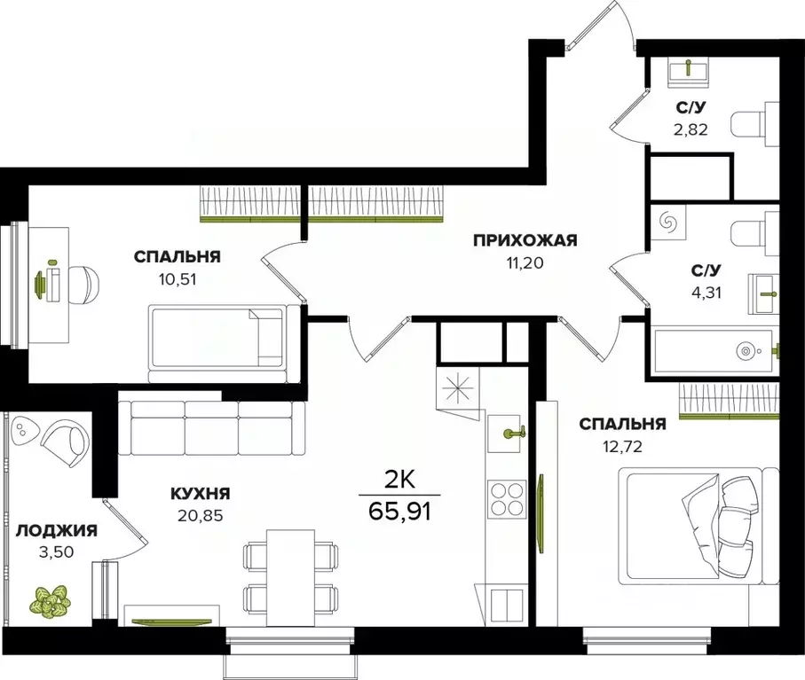 2-к кв. Тульская область, Тула ул. Академика Насоновой (65.91 м) - Фото 1