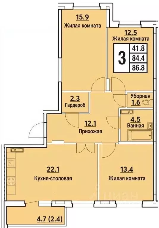 3-к кв. Чувашия, Чебоксары ул. Радужная, 15 (86.8 м) - Фото 0