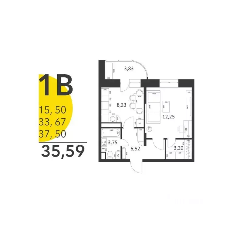 Квартира, 1 комната, 35.59 м - Фото 0