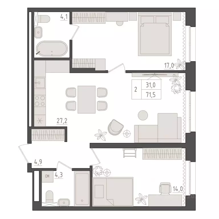 2-к кв. Башкортостан, Уфа 563-й кв-л,  (71.5 м) - Фото 1