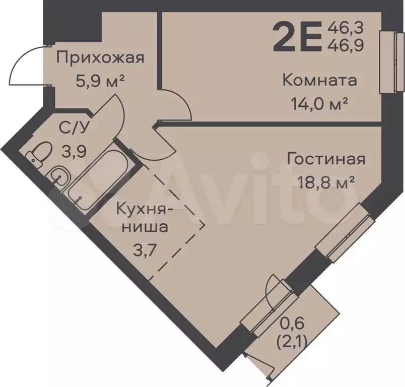 2-к. квартира, 46,9 м, 3/6 эт. - Фото 0