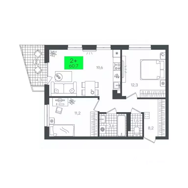 2-к кв. Тюменская область, Тюмень Комарово Парк жилрайон,  (60.7 м) - Фото 1