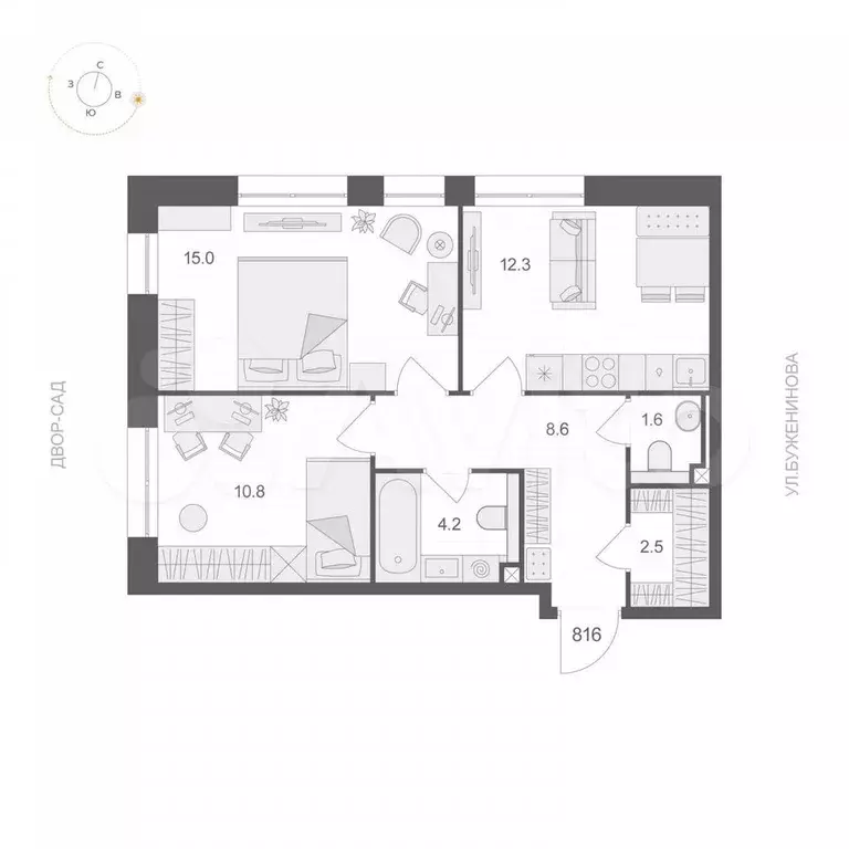2-к. квартира, 55 м, 8/12 эт. - Фото 0