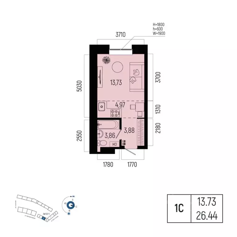 1-к кв. Башкортостан, Уфа Глумилино-1 мкр, Новатор жилой комплекс ... - Фото 1