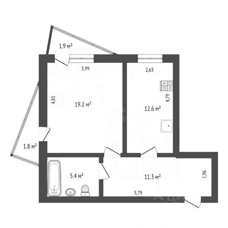 1-к кв. Тюменская область, Тюмень ул. Клары Цеткин, 61к2 (48.5 м) - Фото 2