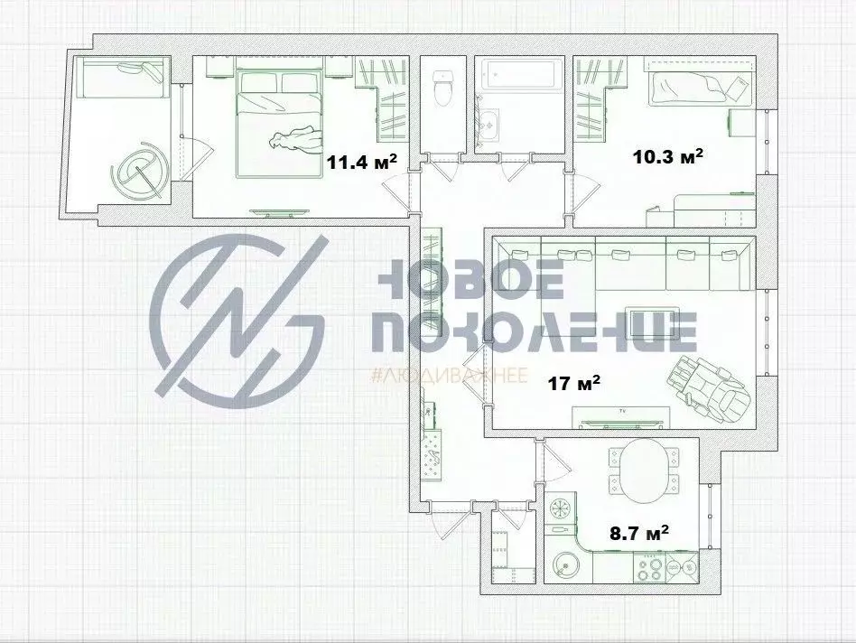 3-к кв. Омская область, Омск ул. Конева, 26/2 (63.1 м) - Фото 2