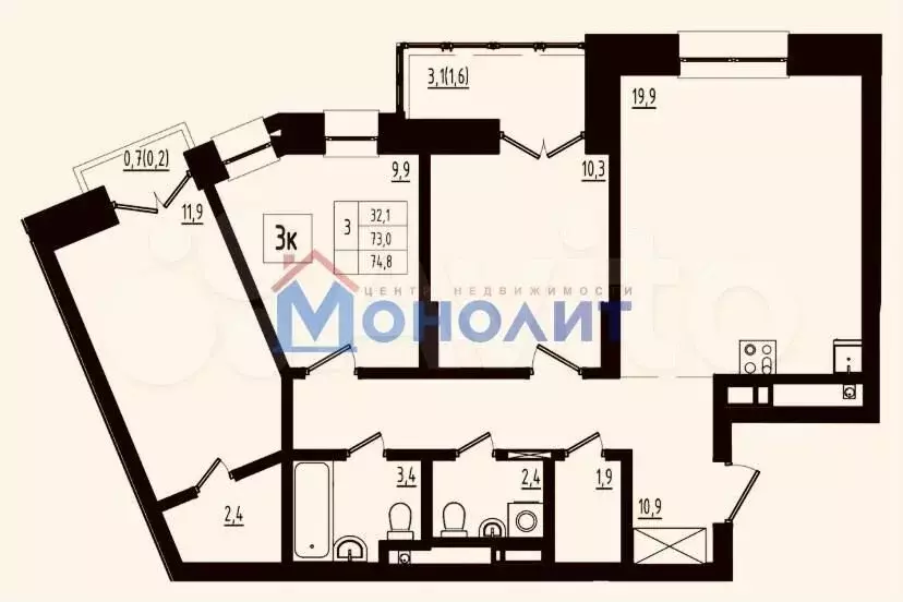 3-к. квартира, 74,8 м, 5/12 эт. - Фото 1