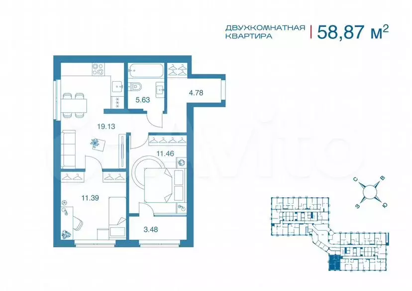 2-к. квартира, 55,9м, 1/25эт. - Фото 0