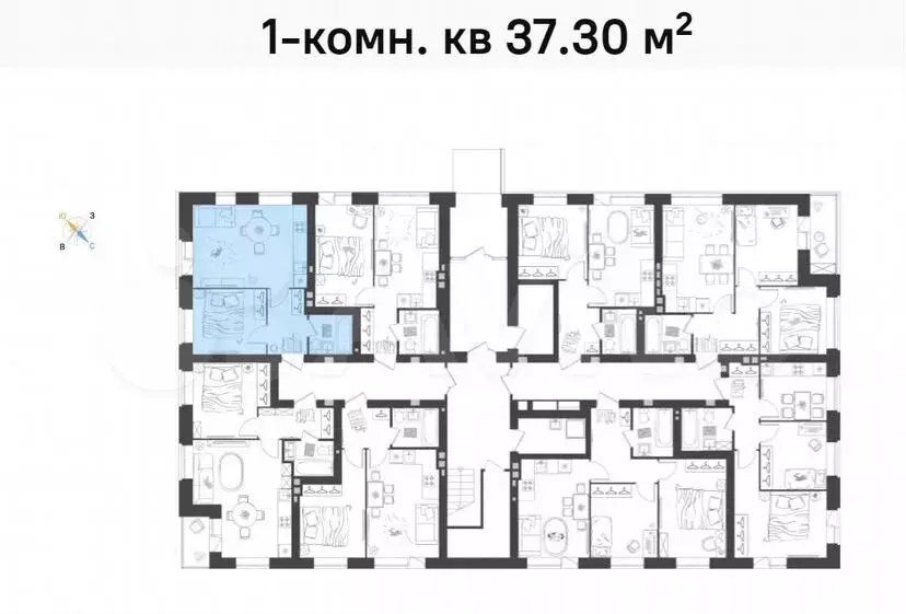 1-к. квартира, 37,3м, 1/4эт. - Фото 1