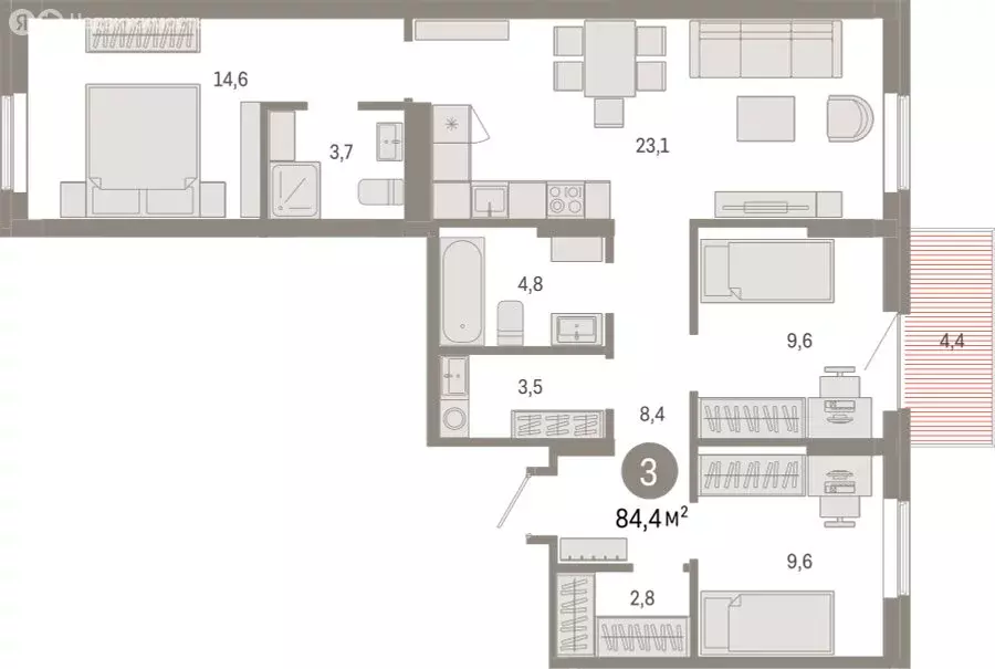 3-комнатная квартира: Омск, Кировский округ (84.38 м) - Фото 1