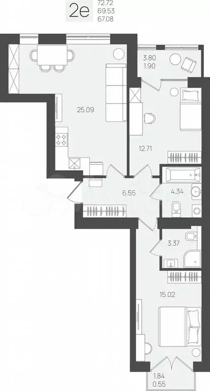 2-к. квартира, 69 м, 5/5 эт. - Фото 1