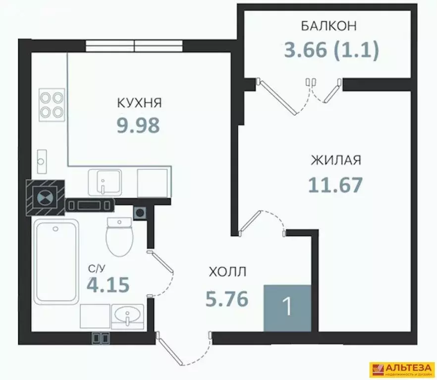 1-комнатная квартира: Гвардейск, улица Тельмана, 26 (35.22 м) - Фото 1