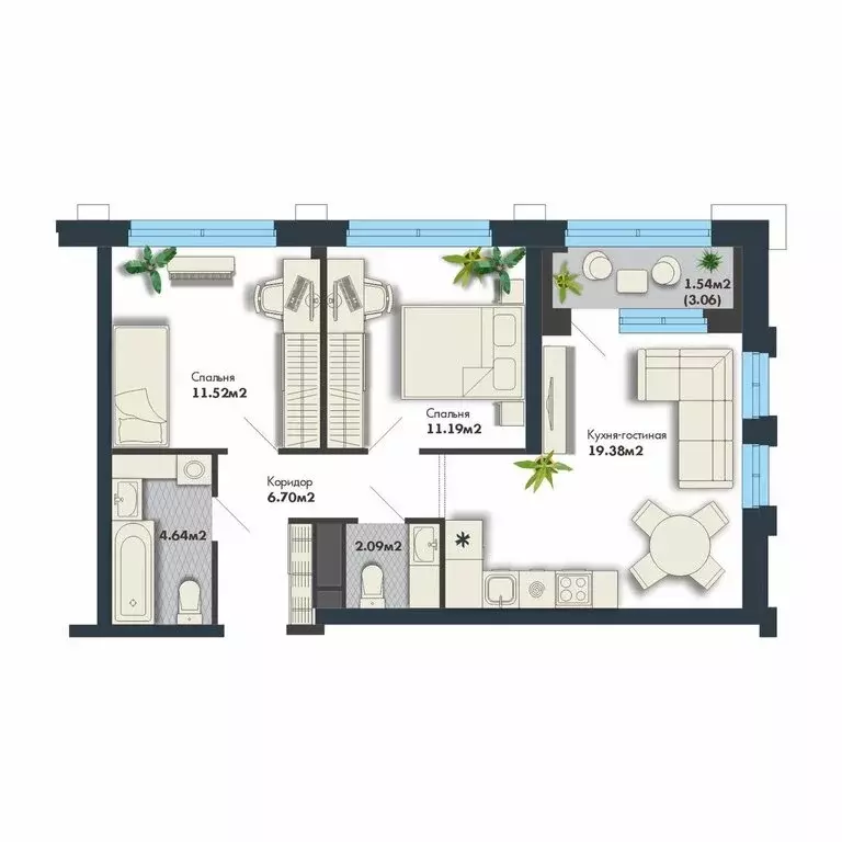 2-комнатная квартира: Екатеринбург, улица Ивана Марина, 1 (57.05 м) - Фото 1