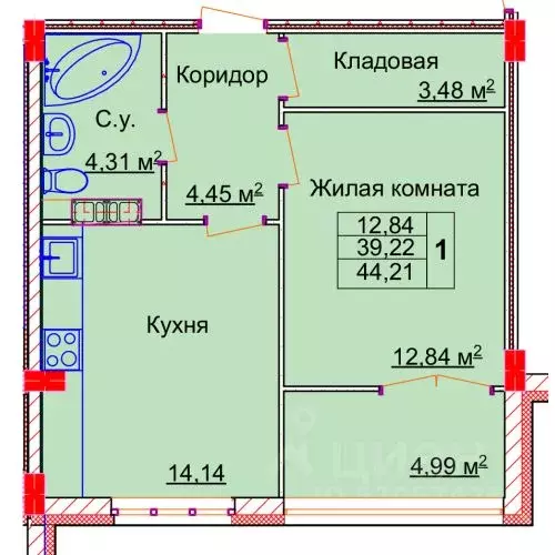 1-к кв. Ивановская область, Иваново Лежневская ул., 98 (44.21 м) - Фото 0