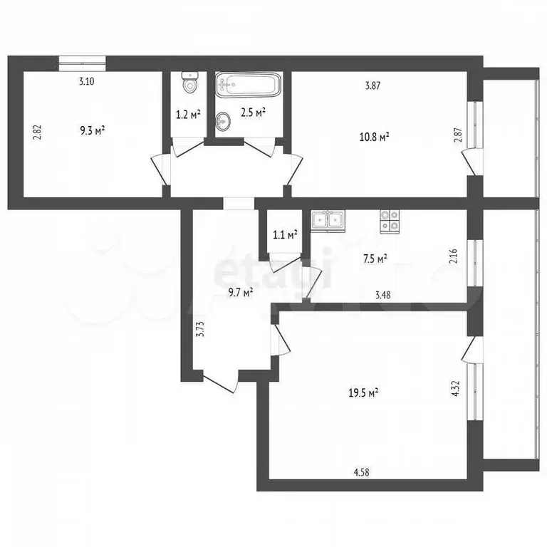 3-к. квартира, 61,6 м, 7/9 эт. - Фото 0