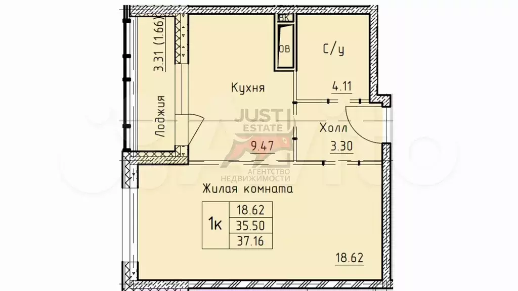 1-к. квартира, 37,1 м, 3/8 эт. - Фото 0