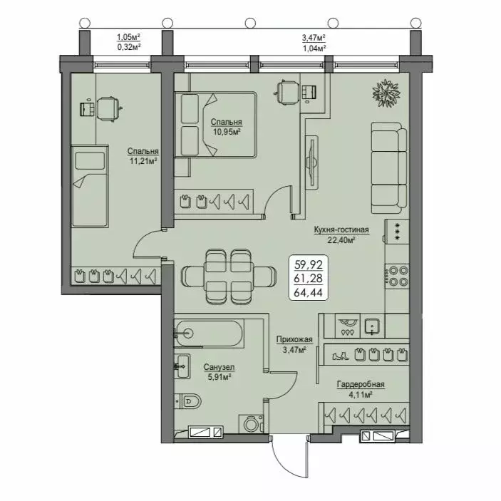 2-комнатная квартира: Владивосток, улица Мыс Кунгасный, 3Б (61.28 м) - Фото 1