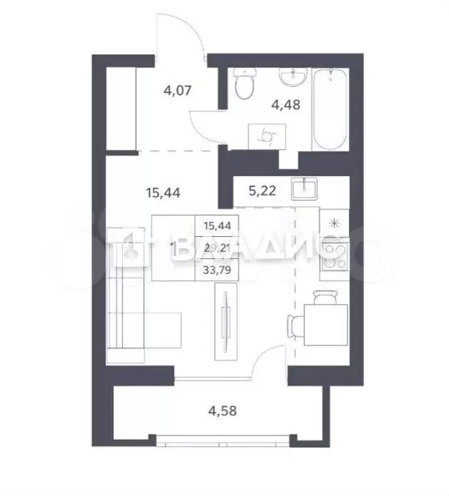 Квартира-студия, 33,8 м, 11/21 эт. - Фото 1