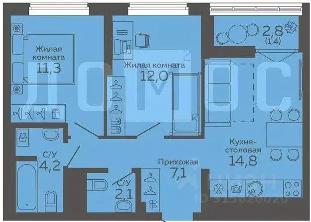 2-к кв. Свердловская область, Екатеринбург ул. 8 Марта, 204/2 (52.9 м) - Фото 1